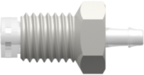 Threaded NPT Fitting 1/4-28 UNF Bottom Sealing Rotating Thread to Barb, 1/16 (1.6 mm) ID Tubing, White Nylon over Animal-Free Polypropylene