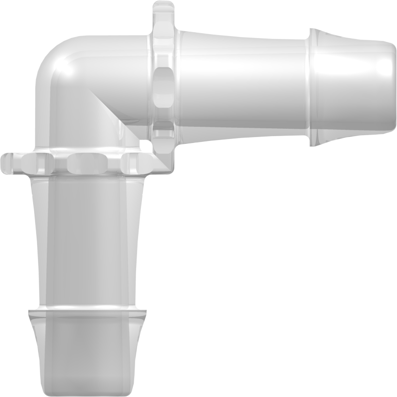 Tube to Tube Fitting Elbow Tube Fitting with 500 Series Barbs, 3/4 (19.0 mm) ID Tubing, Animal-free Natural Polypropylene