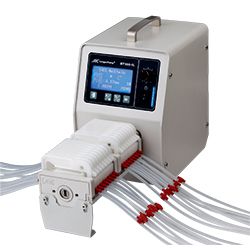 Laboratory peristaltic pump with up to 24 channels and 10 rollers
