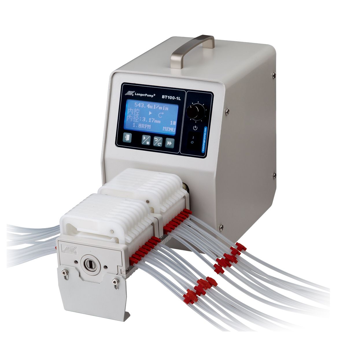 Multichannel laboratory peristaltic pump with up to 24 channels and 10 rollers