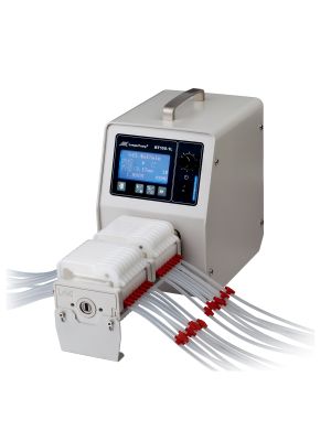 Multichannel laboratory peristaltic pump with up to 24 channels and 10 rollers