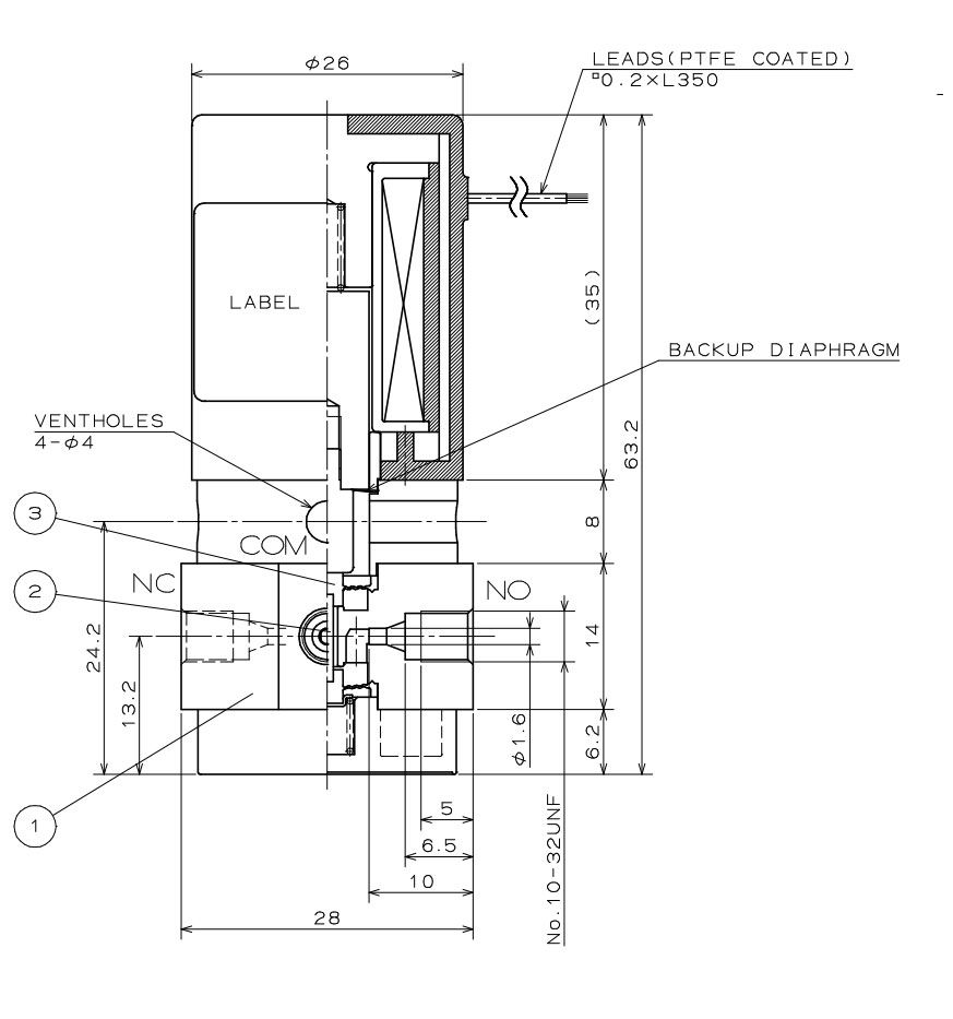  3-way solenoid valve with isolating diaphragm, 1.4mm, 10-32 UNF, SUS306 / PTFE, 12VDC